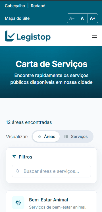 Tela mobile do Legistop Cidadão exibindo a Carta de Serviços