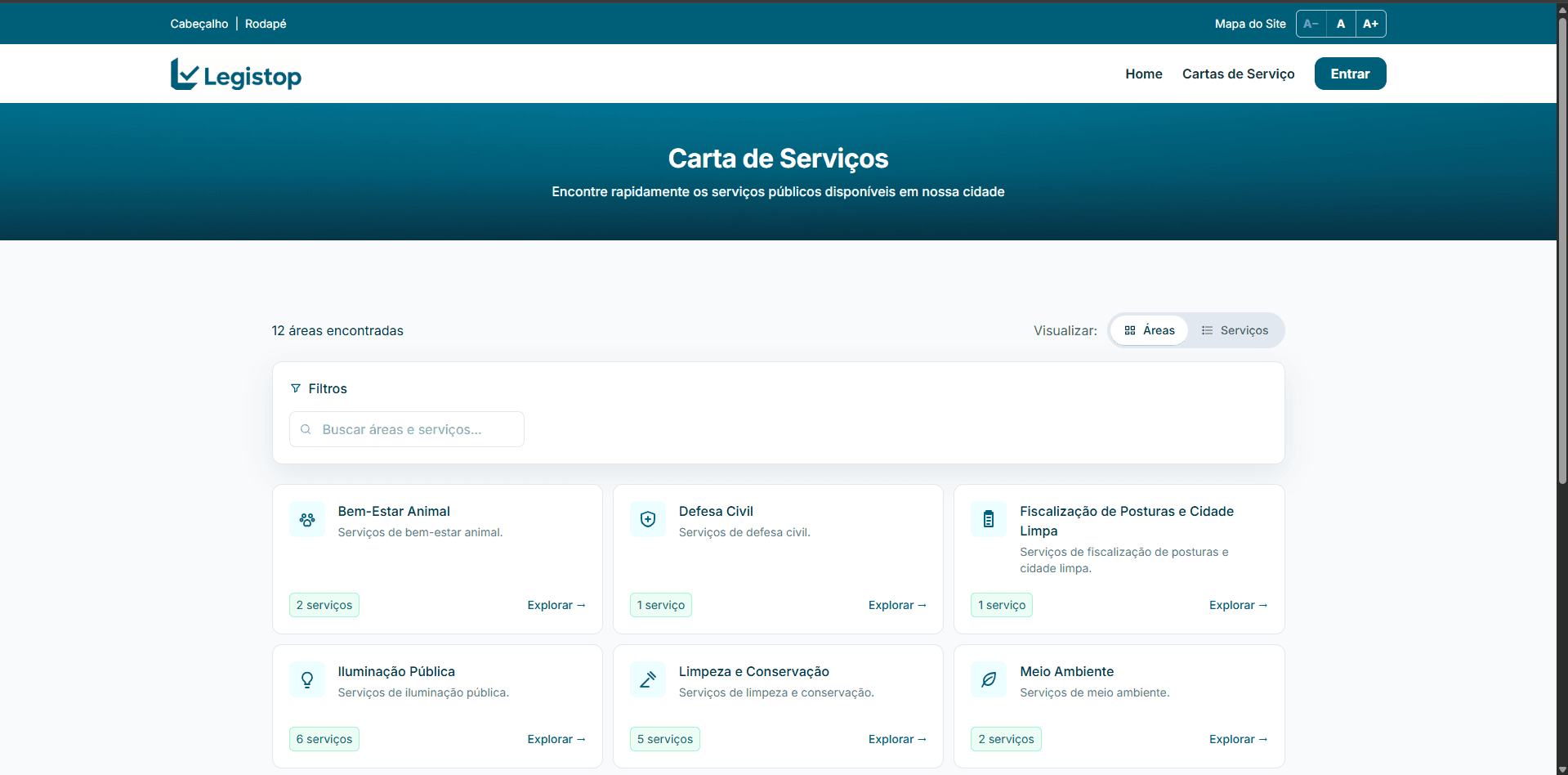 Tela do Legistop Cidadão exibindo a Carta de Serviços em um computador